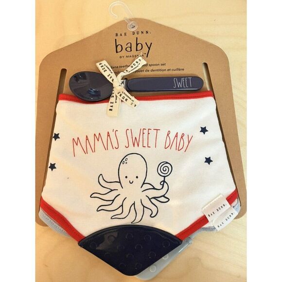 Rae Dunn Teether Bibs & Spoon Set Octopus Mamas Sweet Unisex Bandana Ocean - Picture 1 of 7
